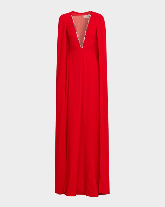 Crystal Plunging Illusion Cutout Cape Gown